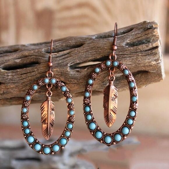 Plant Leaf Feather Blue Dangle Earrings - Picture 1 of 1